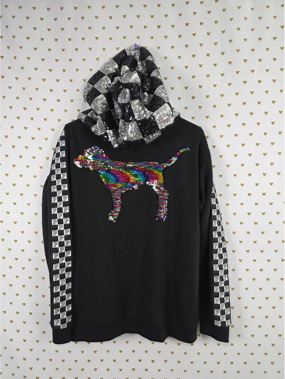 RARE Victoria's Secret PINK MEGA BLING Sequin Checkerboard Hoodie Dog M Rainbow